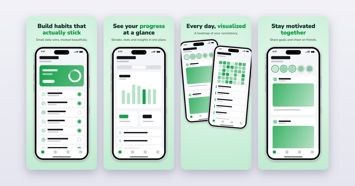 Four example App Store screenshots in the Mint template: soft pastel green, rounded and calm.