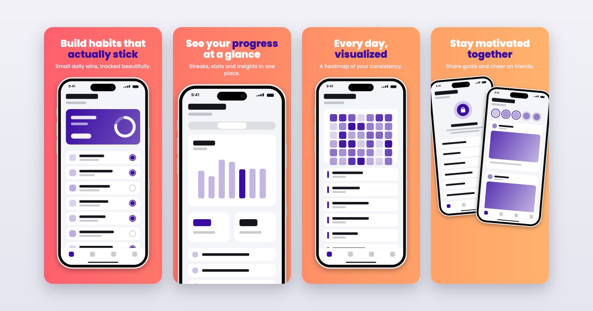 Four example App Store screenshots in the Sunset template: warm continuous gradient, friendly type.